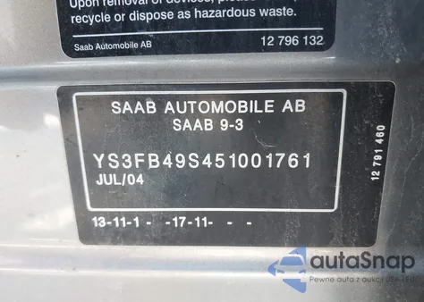 2005 Saab 9-3 Linear z USA, uszkodzony, nr VIN YS3FB49S451001761